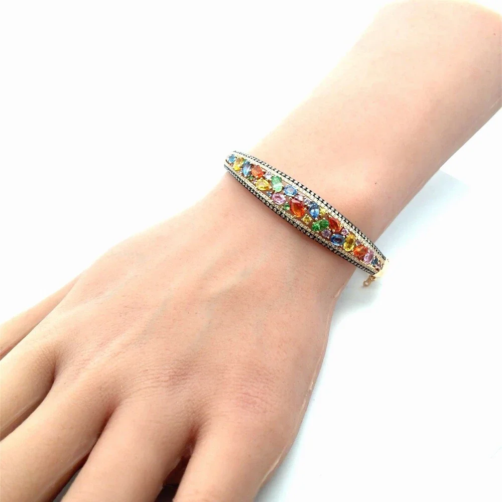 EFFY Watercolors 14K Ylw Gold Multicolor Sapphire Diamond Hinged Cuff Bracelet
